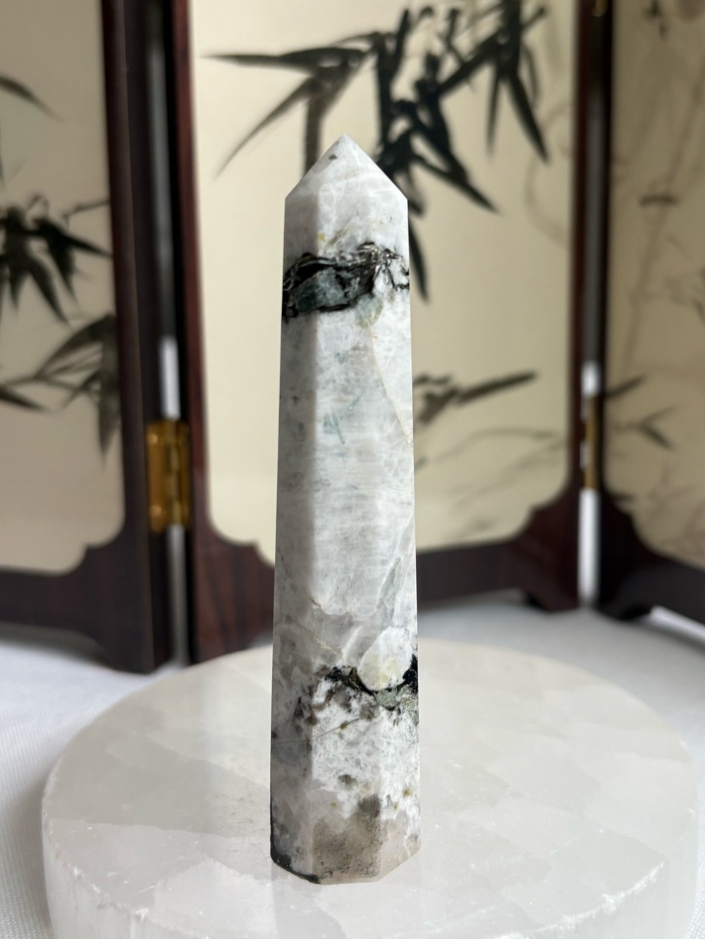 Rainbow Moonstone Tower with Aquamarine inclusion
